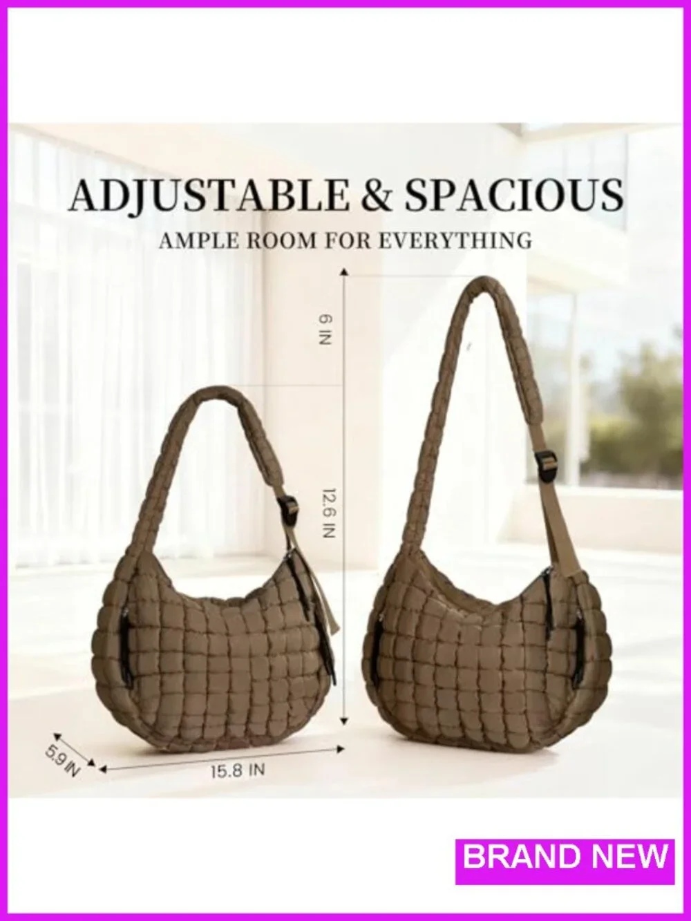 Quilted Puffer Tote Bag with Adjustable Strap and Detachable Pouch